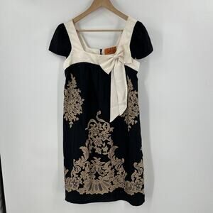 Voom By Joy Han Dress Womens Size M Y2K Silk Black Cream Floral Bow